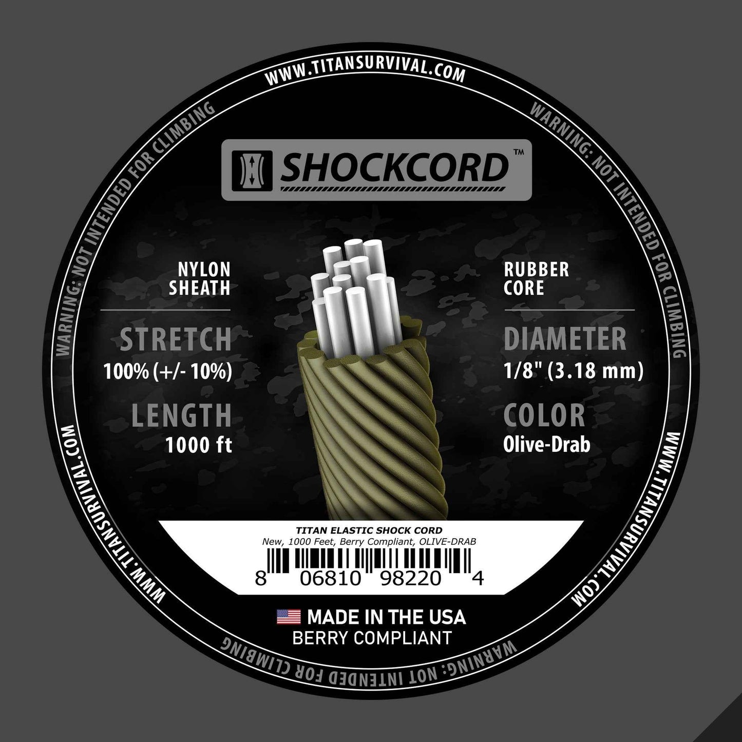 1/8" Olive-Drab Shock Cord, 1000 FT SPOOL